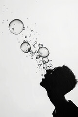 A black and white sketch of a person blowing a dandelion