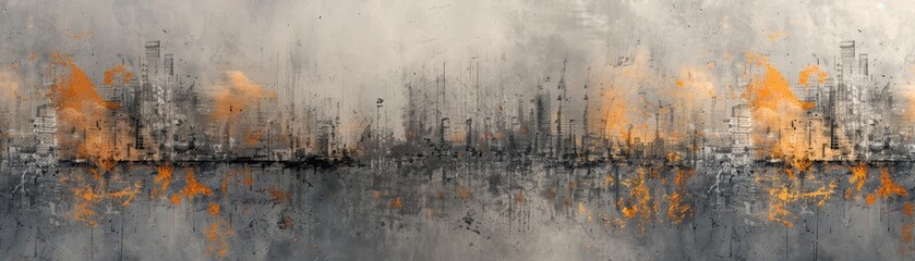 Abstract digital painting featuring an urban cityscape with vibrant orange highlights and reflective water surface, modern art background.