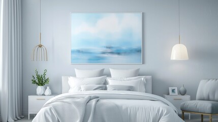 A stylish scene of a pastel blue abstract painting hanging above a king-size bed in an elegant bedroom