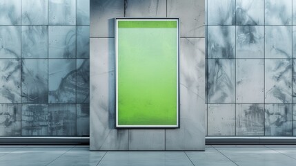 Vertical green blank billboard on modern urban wall. Ideal for advertisement, announcements or promotional content in public spaces.