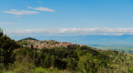 Signahi Signagi city town in Georgia. Sunny weather with clouds and mountains on a background. Roofs and houses on big hill. Travel in Sakartvelo, Georgia. 