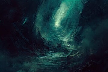 Mysterious, textured, underwater cavern with glowing light from above