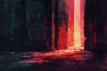 Fototapeta premium Mysterious Glowing Red Portal in Dark Cyberpunk City Street