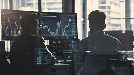 Two individuals intently analyze stock charts on multiple monitors in a dimly-lit trading office, portraying a critical moment in finance and investment.