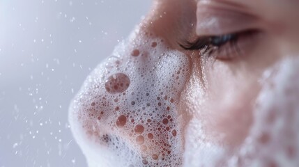 Fototapeta premium Refreshing Facial Cleansing: person applying cleansing foam with thick lather on nose for deep cleaning action