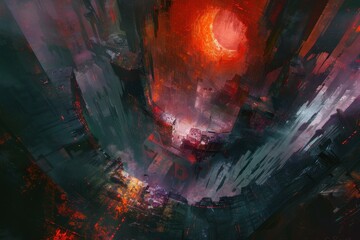 Futuristic cityscape with a central fiery vortex illuminating the dark and mysterious surroundings