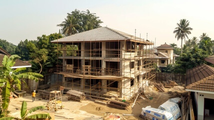 Fototapeta premium A construction site with a multi-story building under scaffold, surrounded by tropical trees and clear skies, progressing towards completion.
