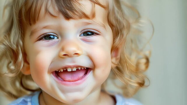 Closeup portrait of a toddler with blonde curls and a toothy grin