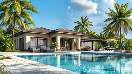 New modern cottage house with palm trees and a swimming pool in a warm paradise tropical