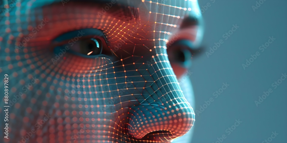 Poster using advanced technology to create fake digital identities through facial manipulation. concept dee