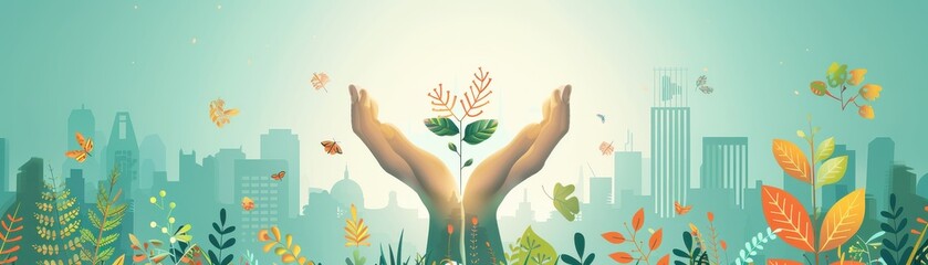 Corporate sustainability, nature integration in business, flat design illustration