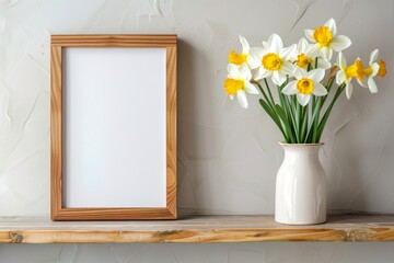 Empty picture frame and bouquet of flowers in vase