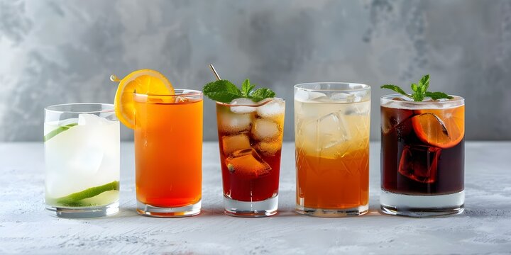 Different drinks in various glasses with alcohol nonalcoholic garnishes and serving styles. Concept Cocktail Presentation, Beverage Variety, Glassware Selection, Mixologist Creations, Drink Garnishes