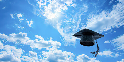 A graduation cap is flying in the sky above a blue sky