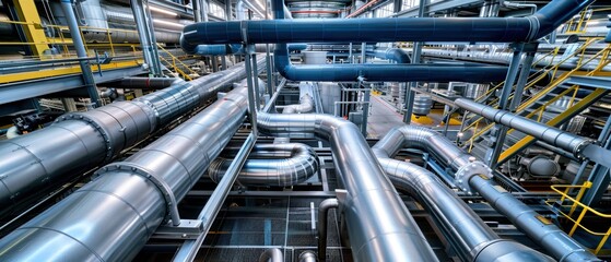 Complex Network Of Industrial Pipes inside a modern facility. The image showcases a vast array of metal ducts and machinery.
