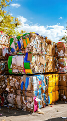 Bales Of Compressed Cardboard For Recycling stacked outdoors. The colorful bundles are arranged and ready for processing.