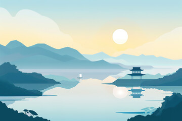 Flat style Chinese traditional ancient style landscape illustration