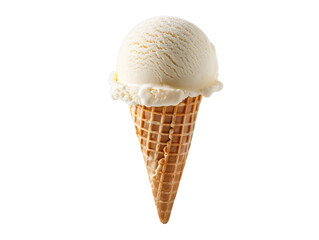 A single scoop of vanilla ice cream in a waffle cone cut out transparent isolated on white background PNG file