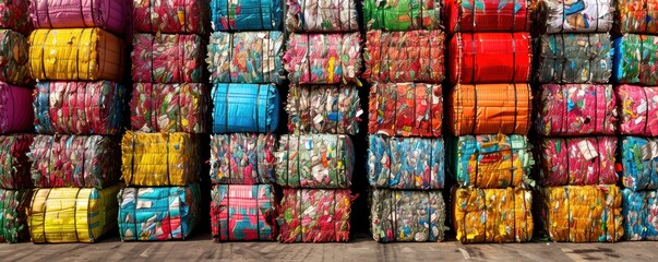 Colorful Bales Of Recycled Material stacked in an outdoor facility. The image shows various compacted recyclable materials in vibrant colors.