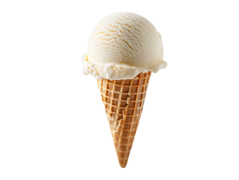 A single scoop of vanilla ice cream in a waffle cone cut out transparent isolated on white background PNG file