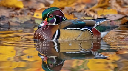 "Dramatic Wood Duck Gliding Across Calm Pond Waters"