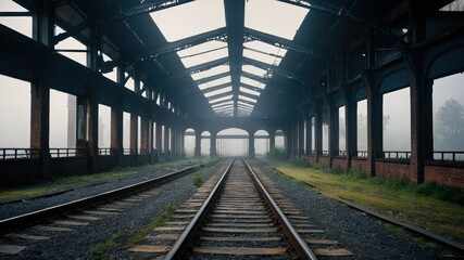 Abandoned railway station with foggy atmosphere, showcasing old tracks under a deteriorating structure  Ideal for themes of isolation and historical exploration © Kumblack