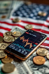 A Smartphone Displays a Stock Market Chart on a Faded American Flag