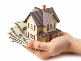 Hand holding a house model with dollar bills, symbolizing mortgage, real estate investment, and financial stability ,isolated on a white background