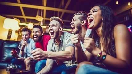 A dynamic image of a group of friends playing video games together in a modern living room.f