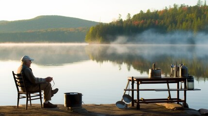 A realistic image of a senior man fishing by a serene lake early in the morning. 