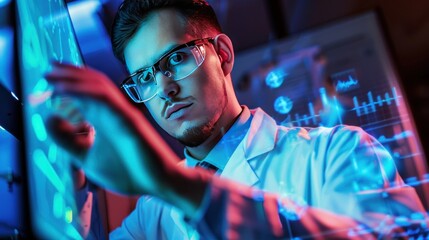 Fototapeta premium Scientist Analyzing Data on a Touchscreen Display