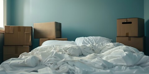New home transition cardboard boxes household items clothes messy bed empty room. Concept Moving Tips, Organization Strategies, Home Decor Ideas, Decluttering Techniques, Packing Essentials