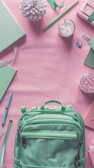 Pastel pink background, top view of green backpack and school supplies, back to school design with copy space. Flat lay, soft light, commercial photo.