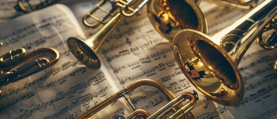 Gleaming brass instruments rest on a sheet of music, suggesting a moment between practice sessions, and a dedication to musical craftsmanship and heritage.