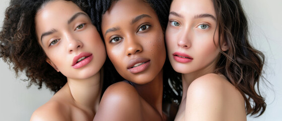 Obraz premium Three women with different skin tones standing closely together, radiating natural beauty and unity, their faces gently lit to showcase their details.