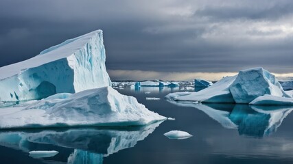 Majestic icebergs reflect on the calm, cold waters under an overcast sky  Perfect for concepts of climate change, isolation, and natural beauty