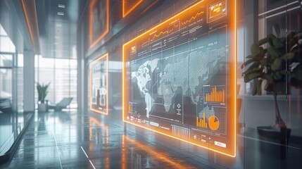 A futuristic holographic interface displaying data analytics on a transparent screen in a modern office environment.