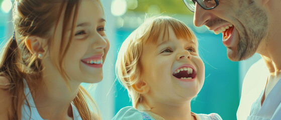A joyful family moment featuring a father, mother, and young daughter, all laughing together in an outdoor setting.
