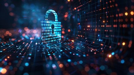 A digital security concept featuring a padlock with binary code flowing around it against a dark background.