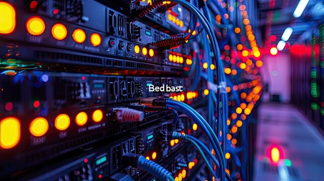 High-angle view of a network server room filled with rows of blinking servers and fiber optic cables.
