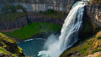 Obraz premium A stunning waterfall cascading down a rocky cliff into a lush, green valley, showcasing the power and beauty of nature Ideal for travel and nature concepts