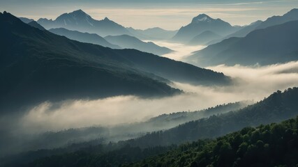 Fototapeta premium A serene landscape of misty mountain peaks and lush green valleys at dawn Ideal for concepts of nature, tranquility, and outdoor adventures