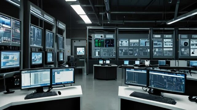 Modern Control Room with Multiple Screens and Computer Systems