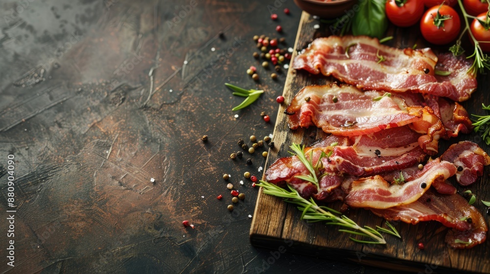 Poster top view of bacon on rustic table with copy space
