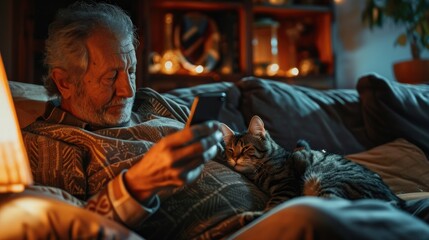 Obraz premium A senior man using a phone to browse online while playing with his cat on the couch, cozy living room with warm ambient lighting, relaxed and inviting atmosphere