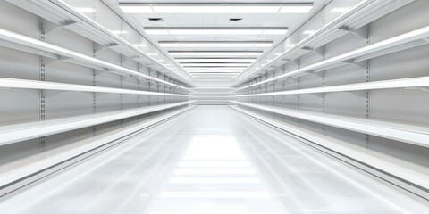 Naklejka premium Empty grocery store with white shelves and floor in aisle G51A. Concept Store Design, Retail Environment, Empty Shelves, Grocery Store, Aisle Layout