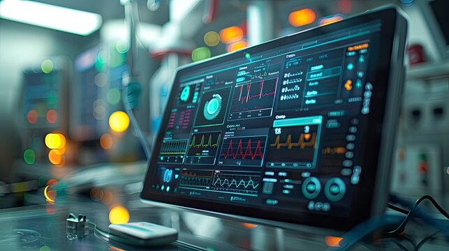 Close-up of a digital tablet showing a healthcare management system interface with patient records and diagnostics.