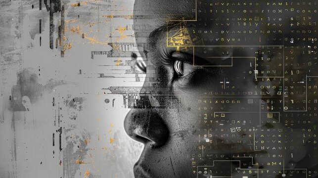 Composite of digital image with text and icons on gray background