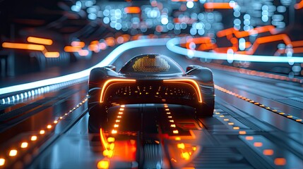 Futuristic autonomous vehicle concept with digital sensors scanning the environment and navigation data overlays.