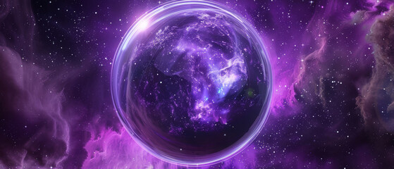 A radiant purple cosmic sphere emitting ethereal light, set against a backdrop of deep space and galaxies.